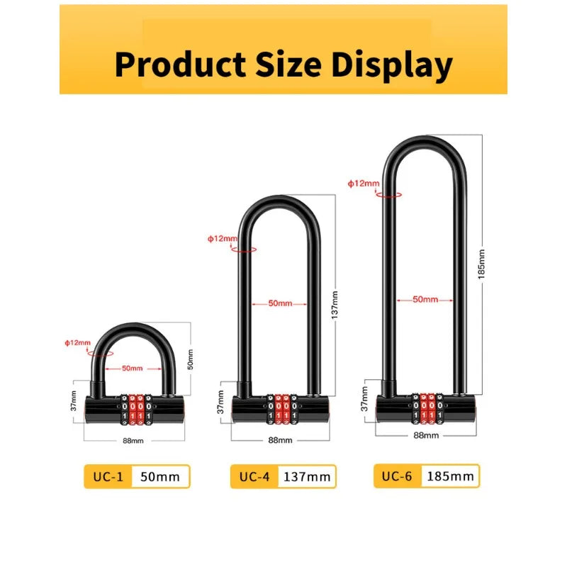 Extended U-Shaped Combination Bike Lock – Anti-Theft Lock for Bicycles, Scooters, Doors, and Outdoor Gear – Heavy Duty Padlock for Shops, Glass Doors, and Cycling Accessories